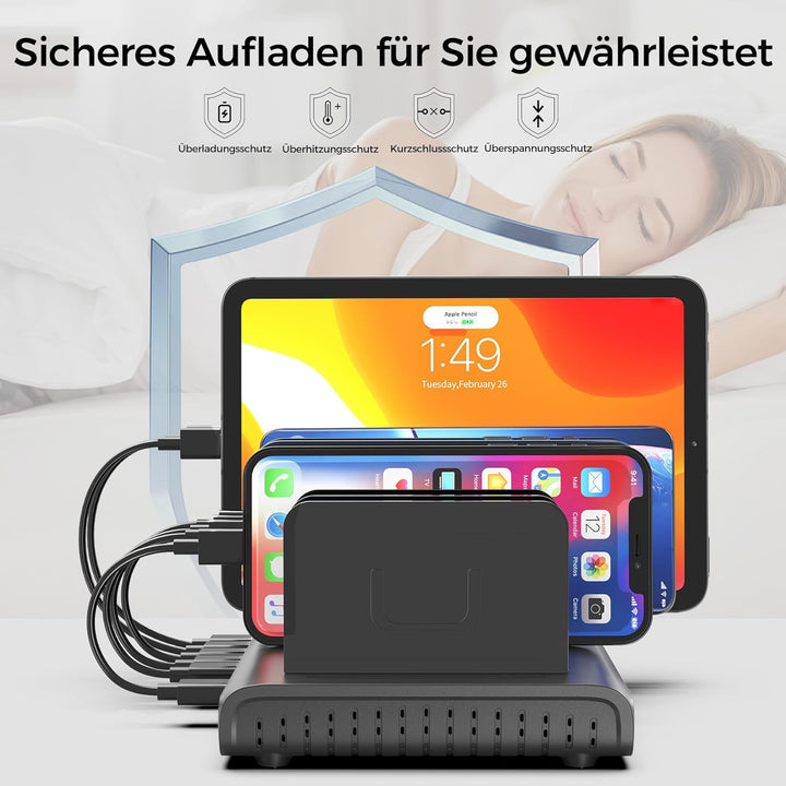 Alxum 60W 10 Port USB Ladestation für mehrere Geräte, LED Echtzeit-Digitalanzeige mit 8×USB-C & 2×US