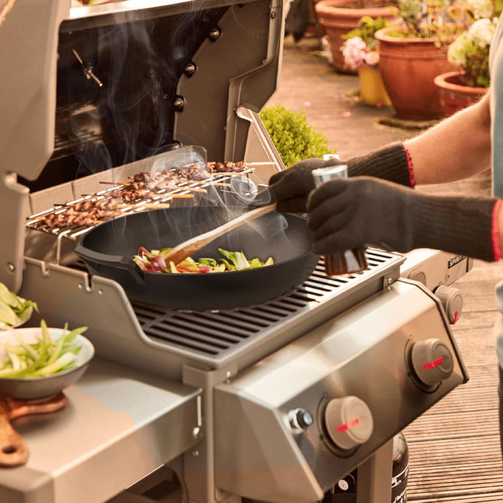 only fire Wok Gusseisen, Ø36cm Wokpfanne mit Griff, Gusseisenpfanne für Weber Gourmet BBQ System, Pa
