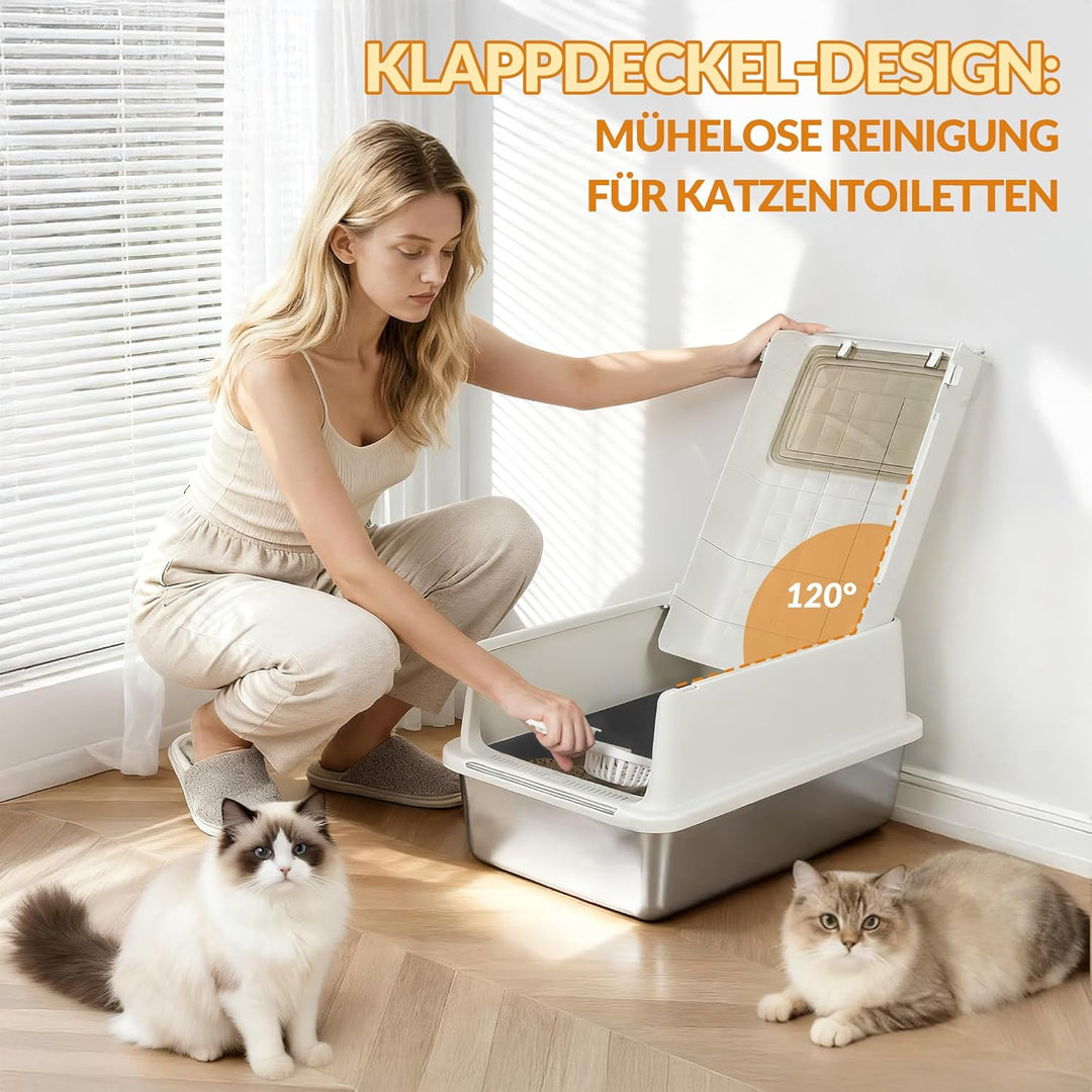 Edelstahl Katzenklo, XXL Metall Katzentoiletten, Cremegrau | Geschlossene Katzenklo, mit Schaufel un