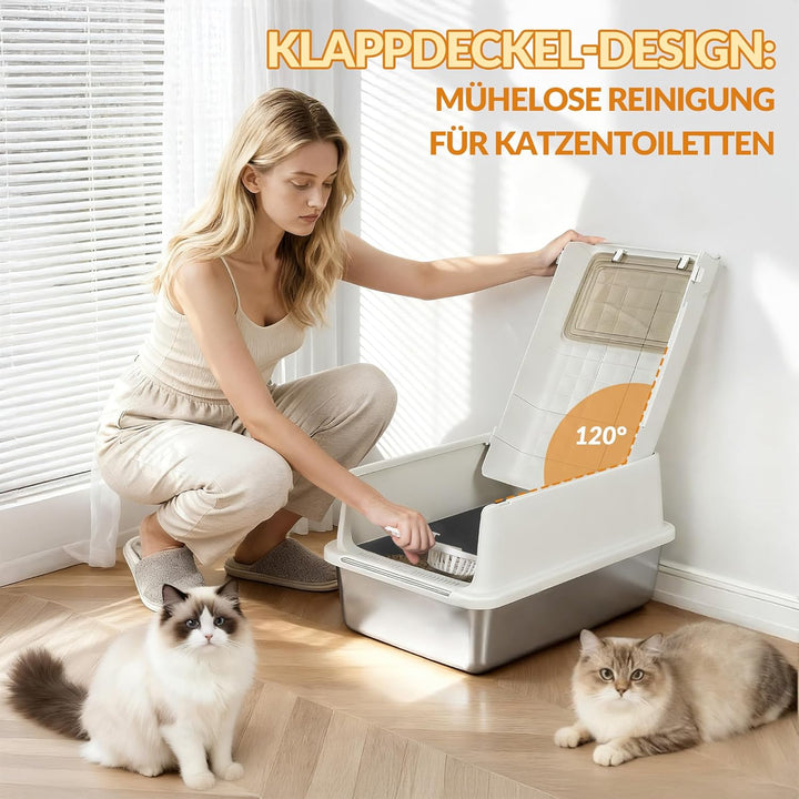 Edelstahl Katzenklo, XXL Metall Katzentoiletten, Cremegrau | Geschlossene Katzenklo, mit Schaufel un