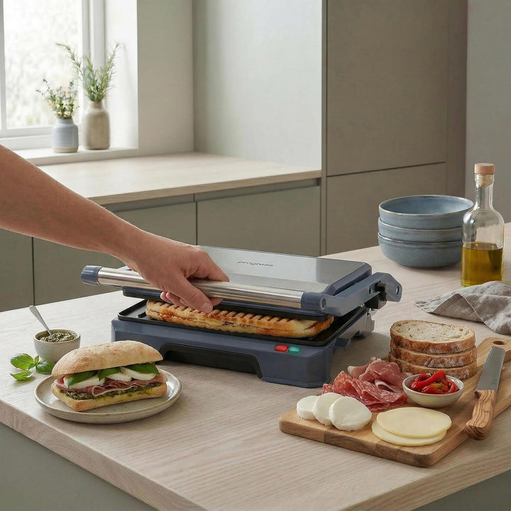 Progress Mellow Health Grill, 180°-Öffnung, 850 W | Antihaftplatten, 23 x 14,5 cm Grillfläche, flach