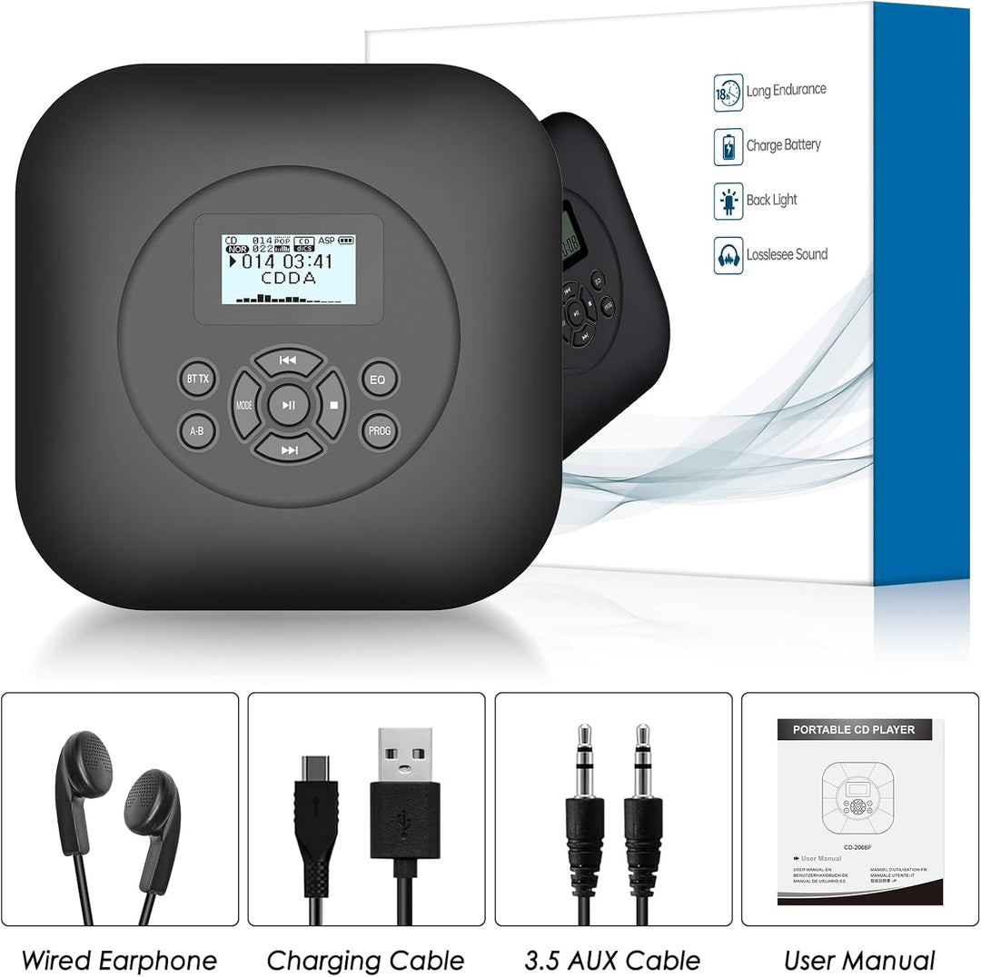Tragbarer CD Player Bluetooth mit Lautsprechern, wiederaufladbarer 1800mAh CD-Player tragbar mit Sto