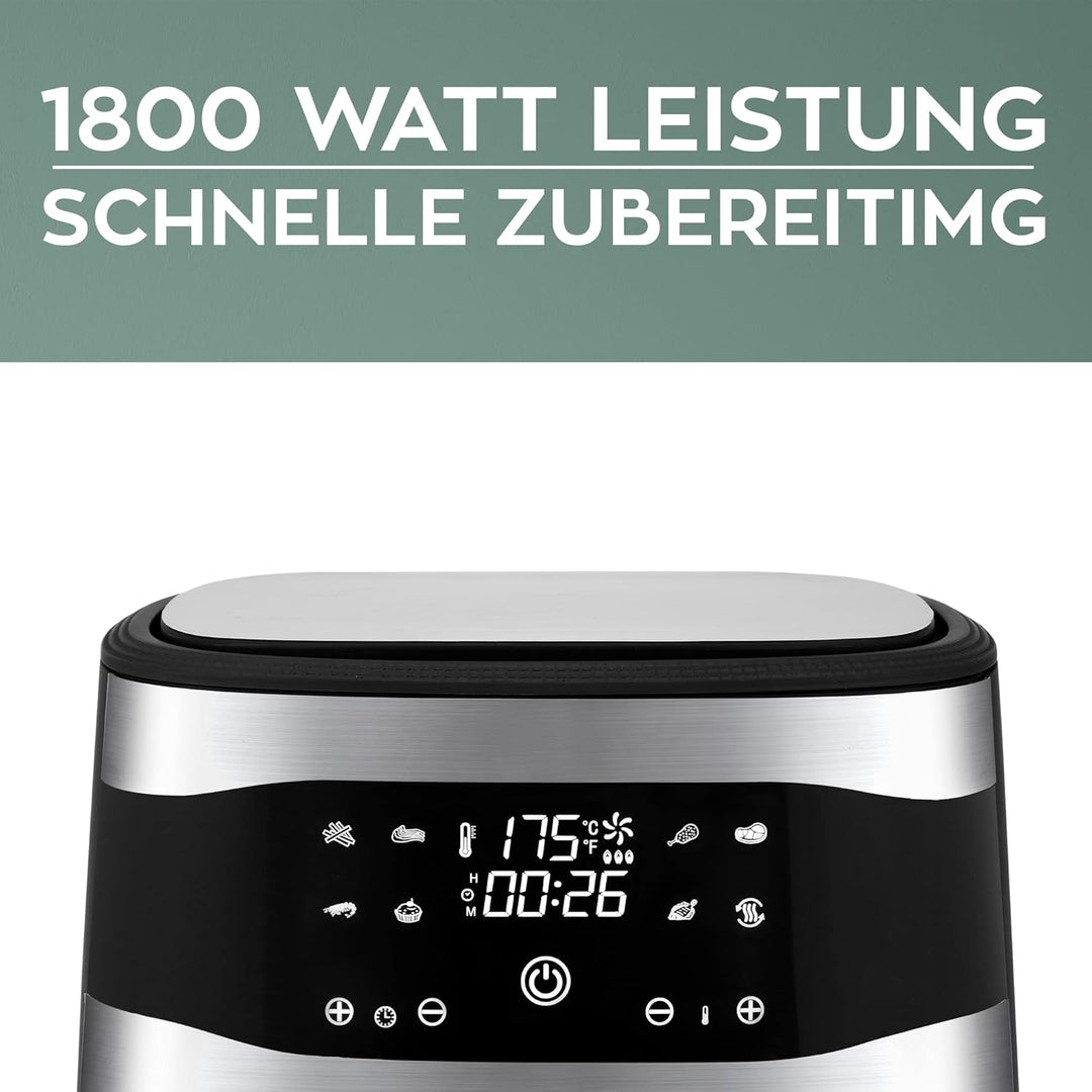 HEINRICHS Heissluftfritteuse Air Fryer aus Edelstahl mit digitalen LED-Display LCD Touch Display, 8