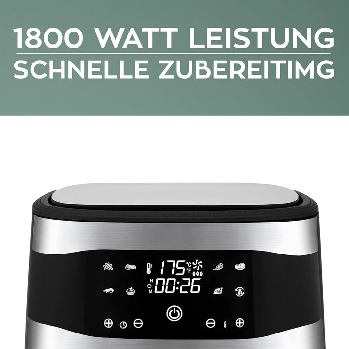 HEINRICHS Heissluftfritteuse Air Fryer aus Edelstahl mit digitalen LED-Display LCD Touch Display, 8