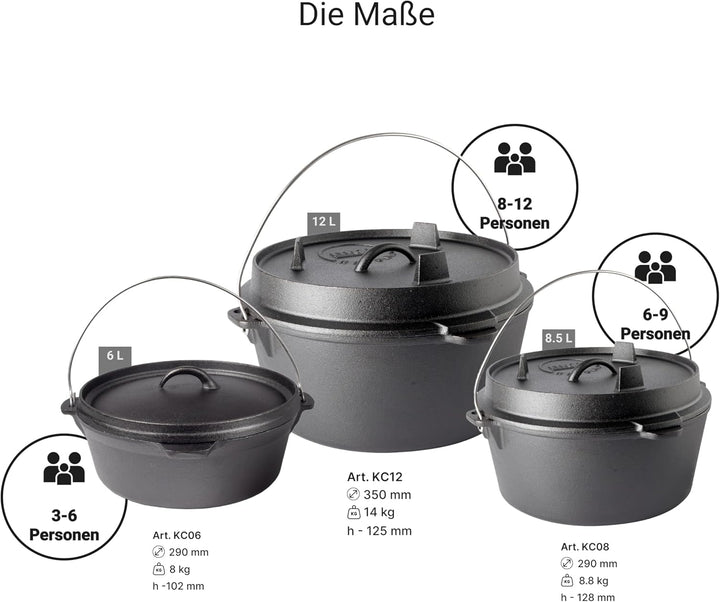 BIOL Dutch Oven 12 Liter aus Gusseisen – Eingebrannter Feuertopf mit Deckelheber und Doppelfunktions