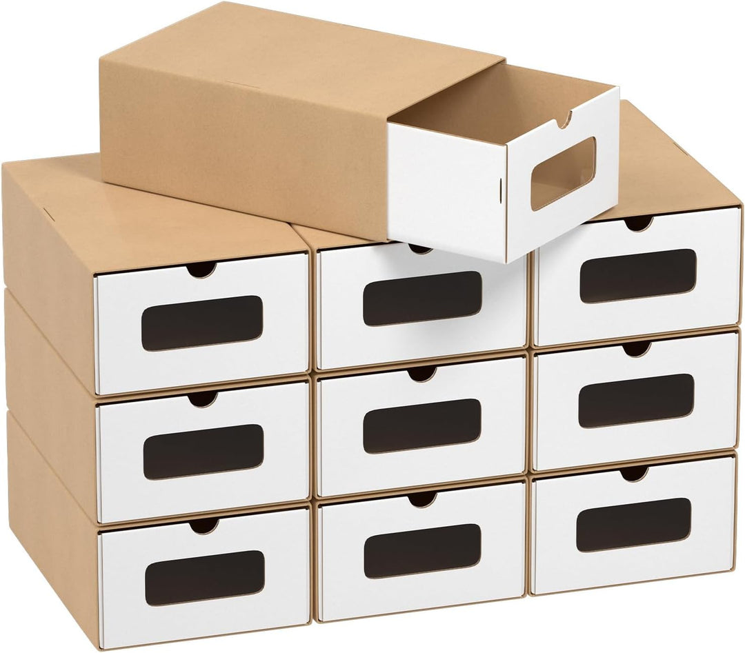 20x Aufbewahrungsbox in Weiss und Braun – Stapelbare Schuhbox aus Kraftpapier mit Sichtfenster, Falt