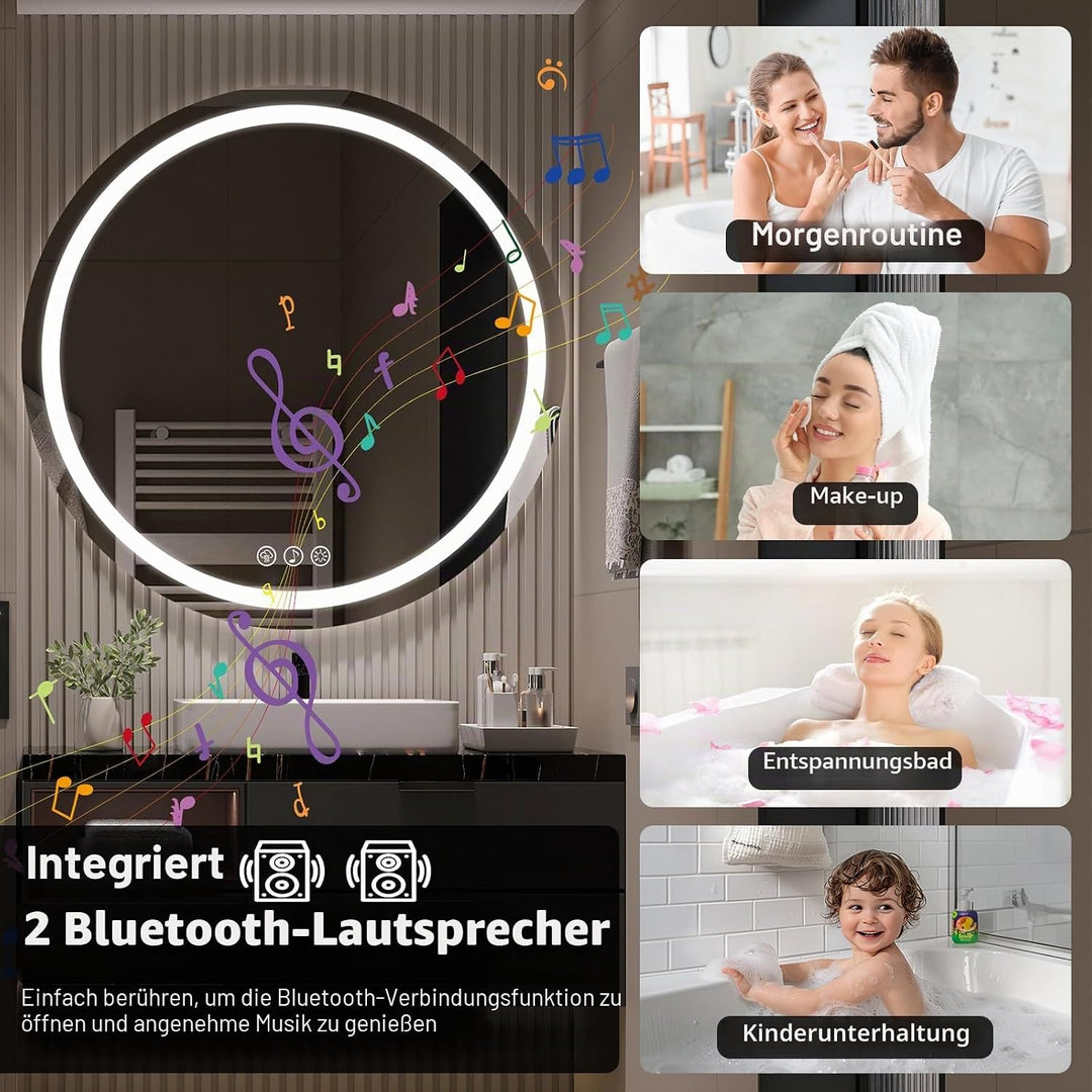 Ratsamee Runder Spiegel mit Beleuchtung, 70cm Bluetooth Badezimmerspiegel mit Beleuchtung, Wandspieg