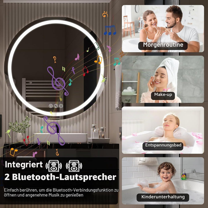 Ratsamee Runder Spiegel mit Beleuchtung, 70cm Bluetooth Badezimmerspiegel mit Beleuchtung, Wandspieg