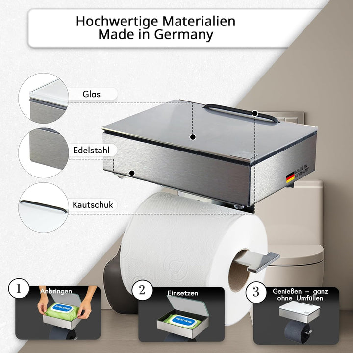Toilettenpapierhalter mit Feuchttücherbox - Gehäuse Matt & Abdeckung Edelstahl - befüllbar von Recht