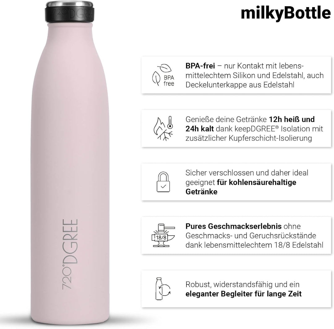 720°DGREE Edelstahl Trinkflasche “milkyBottle” - 750ml - BPA-Frei, Auslaufsicher, Kohlensäure geeign