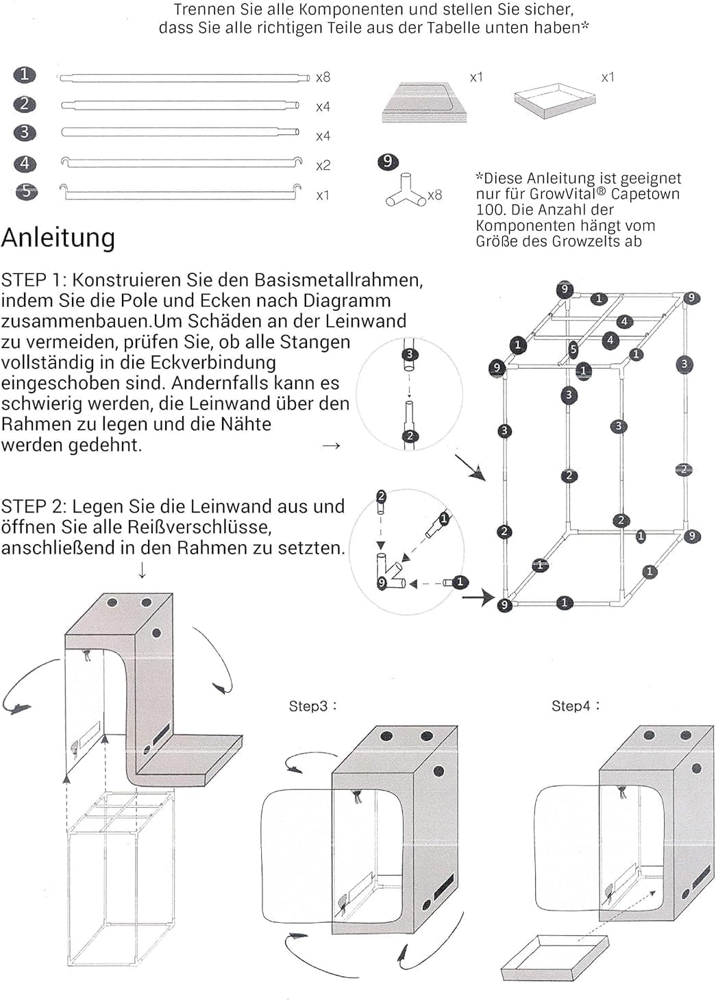 Growzelt Indoor Anbauzelt, Grow Tent mit Lichtdicht, Gewächshaus, schwarz, Pflanzzelt (80x80x180), 8