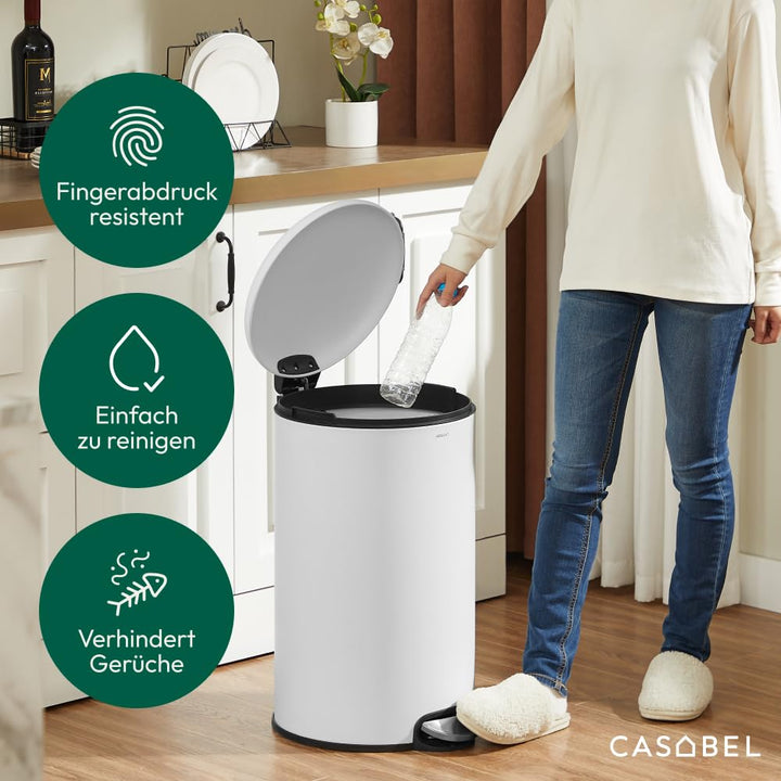 CASABEL Mülleimer Küche 50L, 100% Edelstahl, Resistent gegen Fingerabdrücke, Runder Treteimer mit Fu