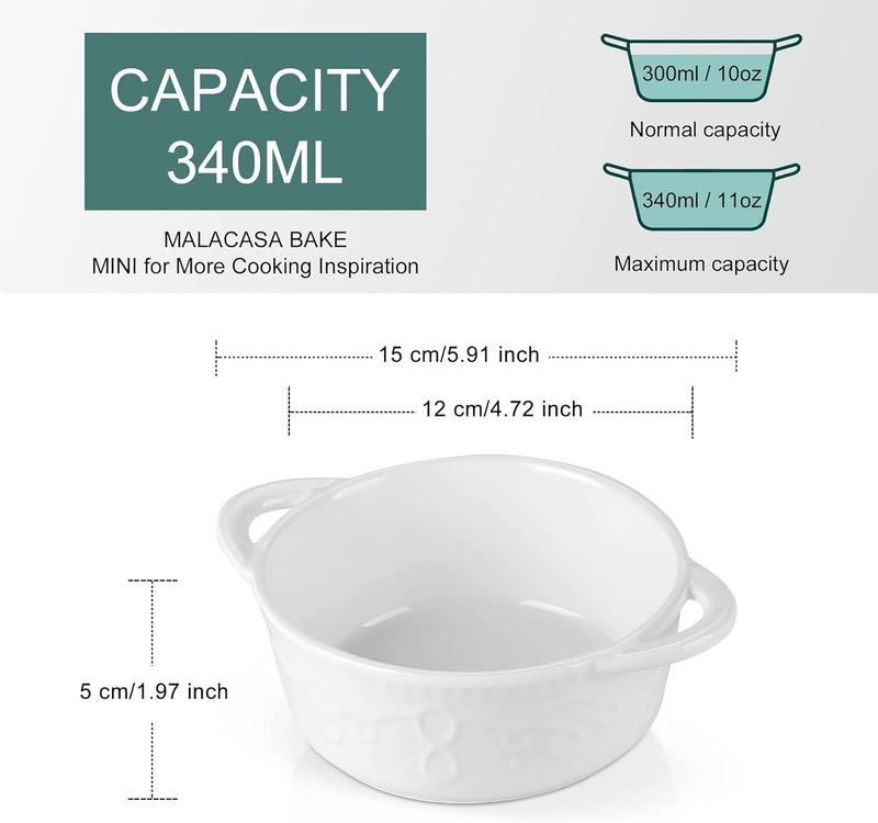 MALACASA, Serie Bake, 4 Stück Auflaufformen, rund, klein, weiss, 15 x 11,5 x 4,5 cm, 290 ml, Mini-Te