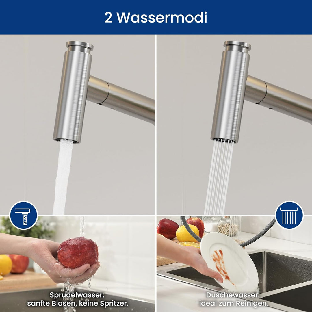 CECIPA Wasserhahn Küche Ausziehbar, Edelstahl Küchenarmatur mit Brause Zwei Wasserstrahlarten, Hochd