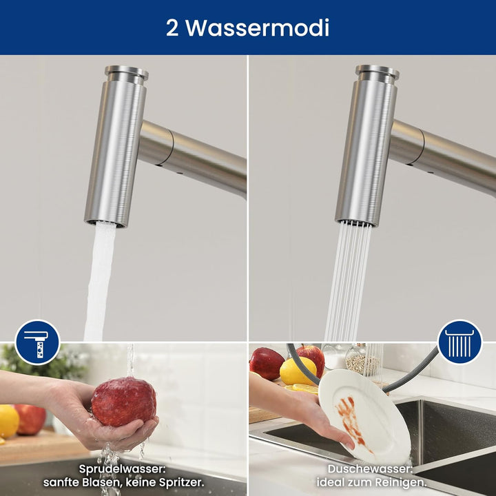 CECIPA Wasserhahn Küche Ausziehbar, Edelstahl Küchenarmatur mit Brause Zwei Wasserstrahlarten, Hochd