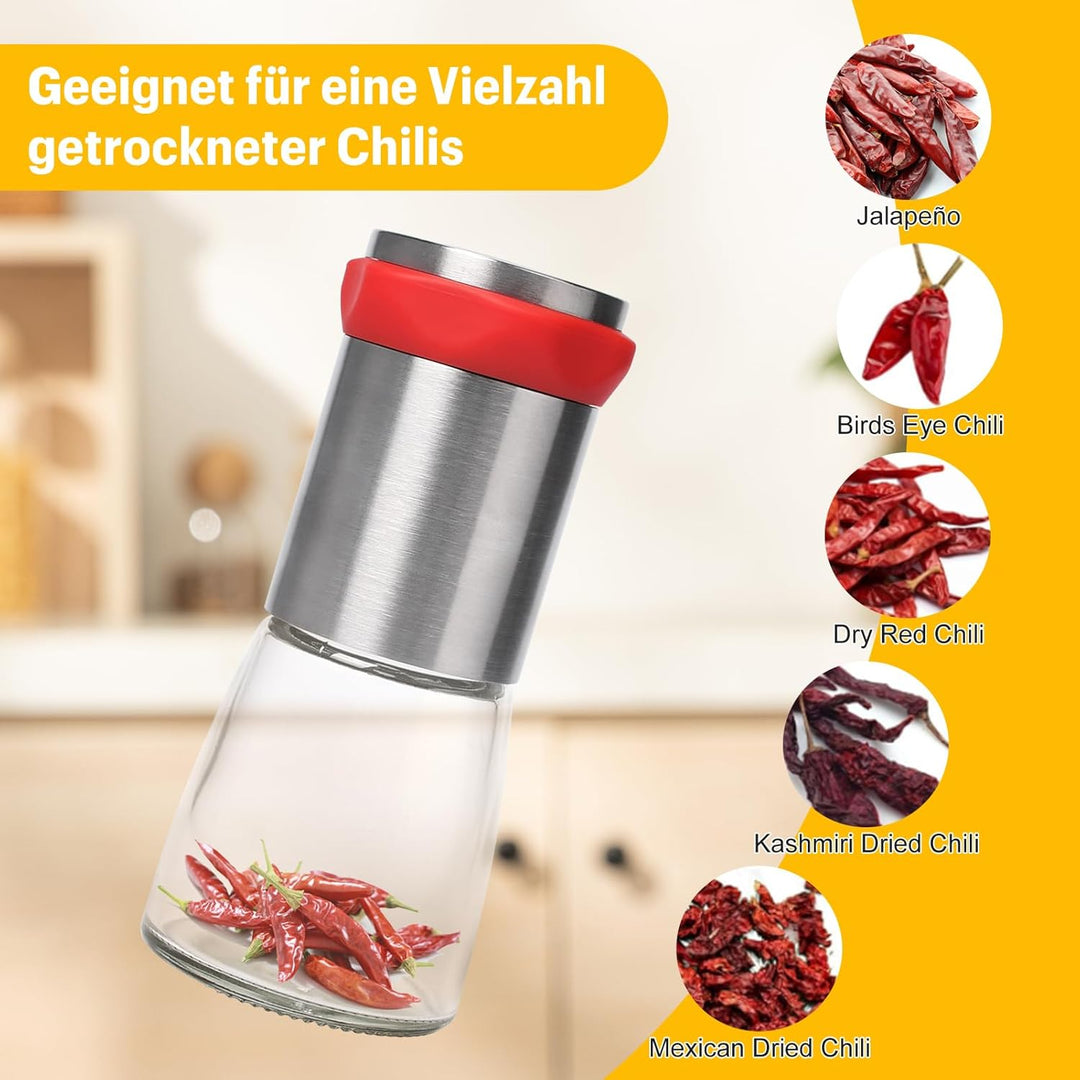 Chilimühle Edelstahl & Glas,Chilischneider für Getrocknete Chilis und Grobe Gewürze,Gewürzschneider