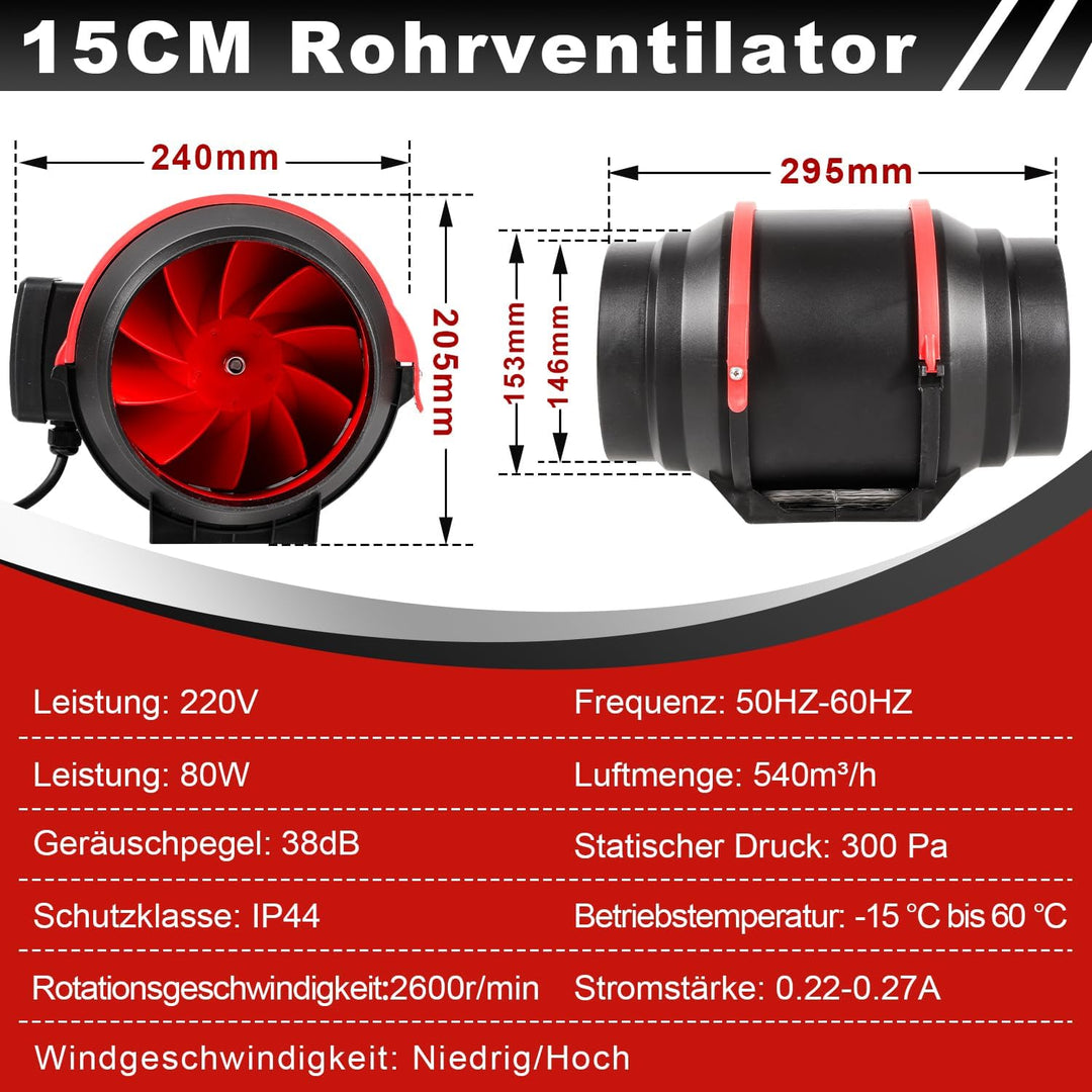 Rauchabzug Rohrventilator 150mm, Inline-Kanalventilator mit Fernsteuerung, 220V Leise Rohrlüfter, 54