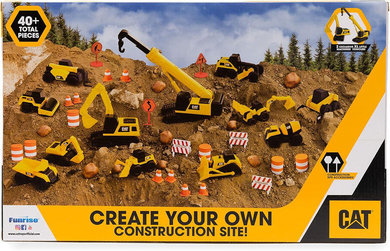 CAT® Construction Little Machines Mega-Set I Mit 40 Teilen I Enthält Fahrzeuge, einen Kran, Verkehrs