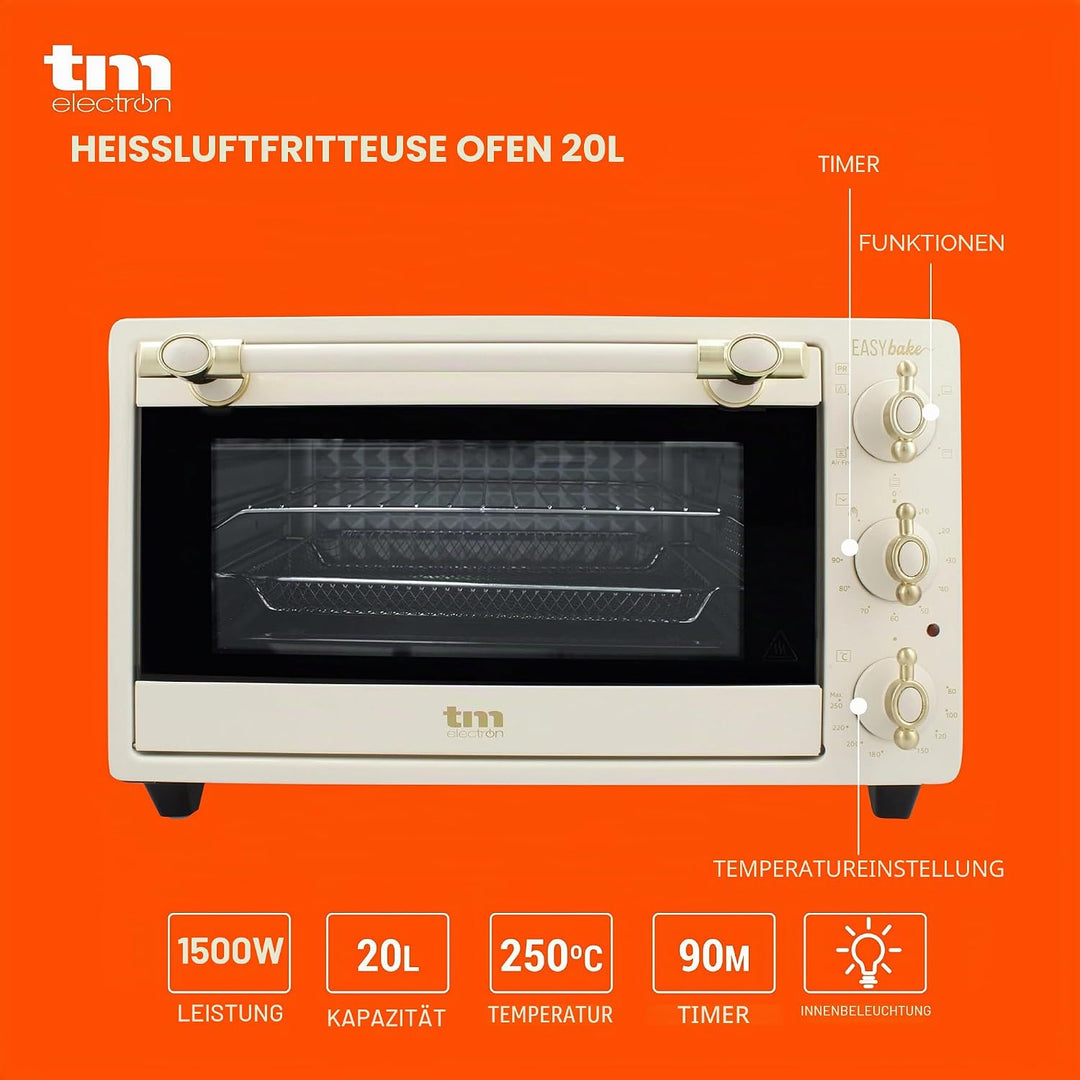 TM Electron EASYBAKE TMPHO020REB Mini Backofen Retro Design mit Fritteuse Funktion ohne Öl, 20 Liter