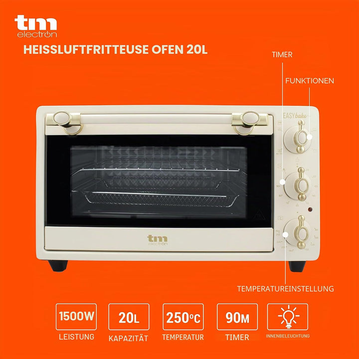 TM Electron EASYBAKE TMPHO020REB Mini Backofen Retro Design mit Fritteuse Funktion ohne Öl, 20 Liter