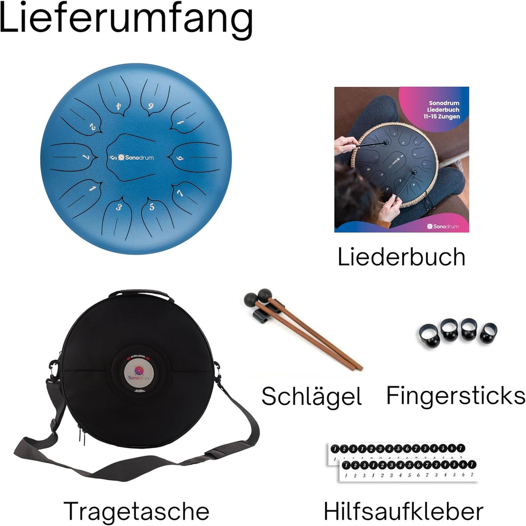 Sonodrum Zungentrommel "Standard 30cm D-Dur" in Blau - Tongue Drum inkl. Schlägel, gratis Liederbuch
