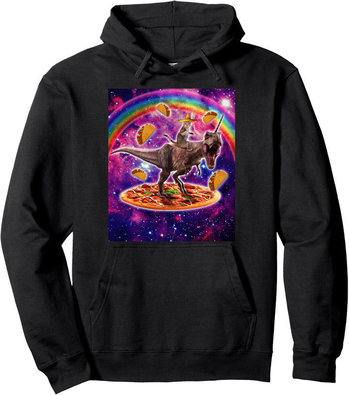 Space Cat Lover Riding Dinosaurier T Rex Unicorn Pizza Taco. Pullover Hoodie