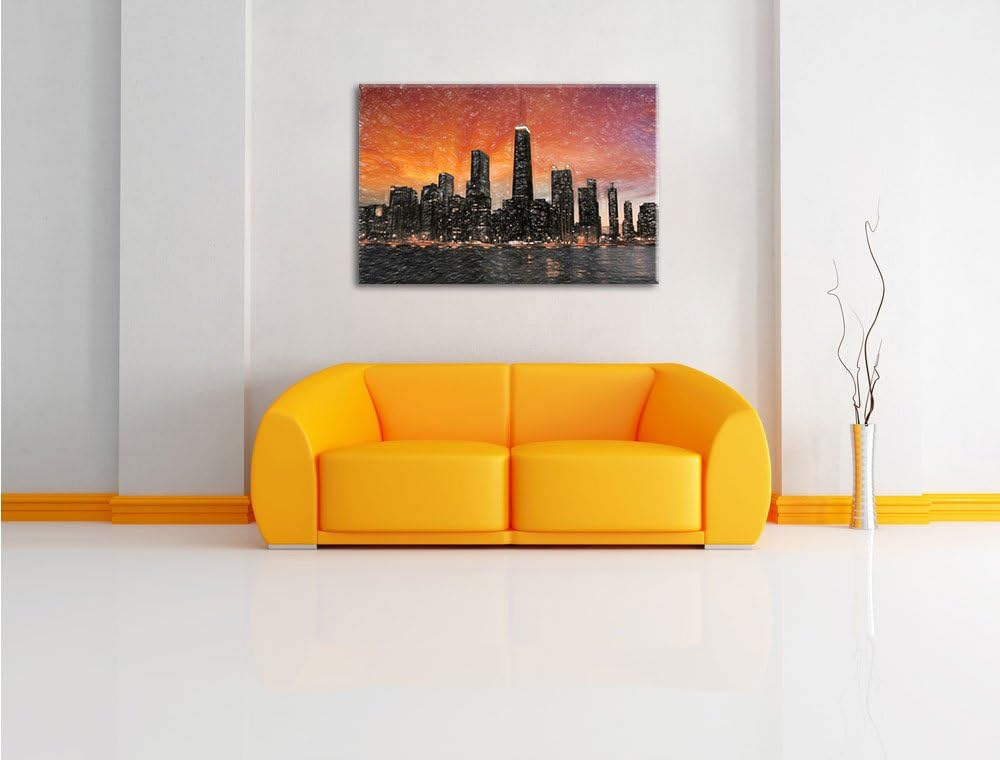 Pixxprint Chicago-Wolkenkratzer-Silhouette als Leinwandbild/Grösse: 100x70 cm/Wandbild/Kunstdruck/fe