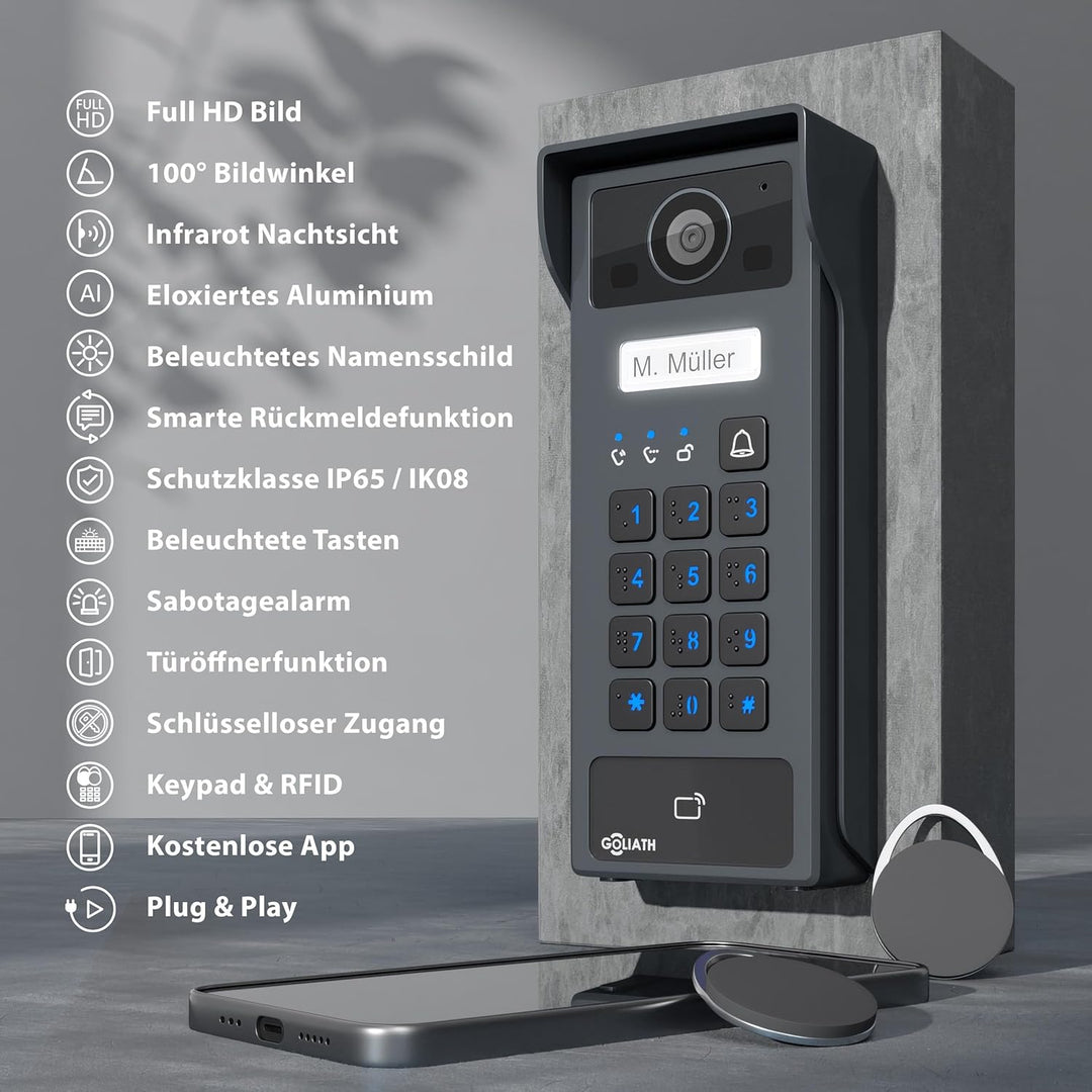 GOLIATH Basic 2-Draht Bus Video-Türsprechanlage, Full-HD, App-Steuerung, 7" Monitor in Weiss, RFID &