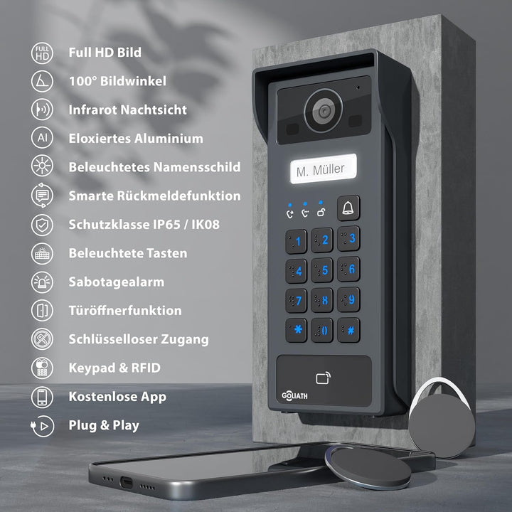 GOLIATH Basic 2-Draht Bus Video-Türsprechanlage, Full-HD, App-Steuerung, 7" Monitor in Weiss, RFID &