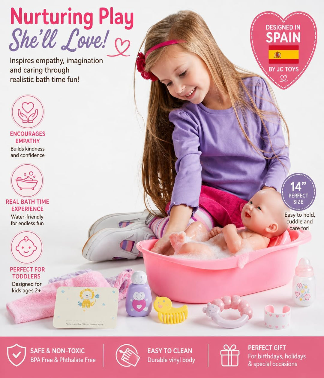 JC Toys 18570 - Puppe Newborn+Bad, 36 cm