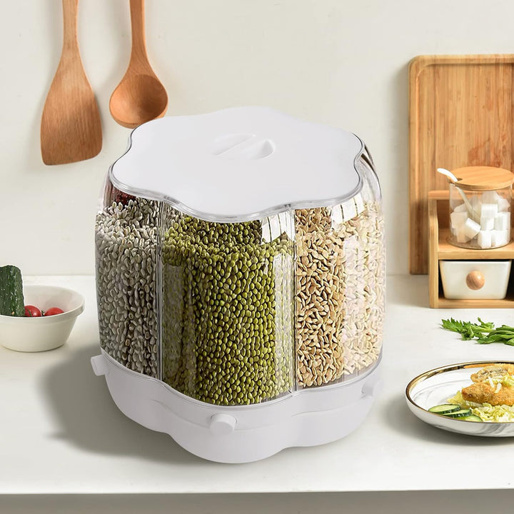 6 IN 1 Getreidespender 8KG 360°Drehung Müslispender Küche Geteilte Trockenfutterbehälter Luftdicht L