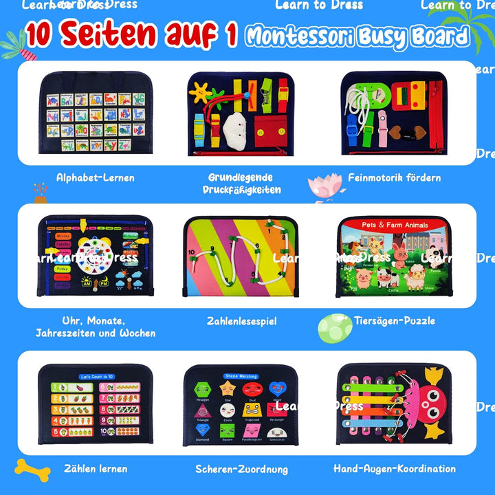 TenFans Busy Board ab 3 Jahr - Montessori-inspiriertes Quiet Book mit Reissverschluss & Schnallen -