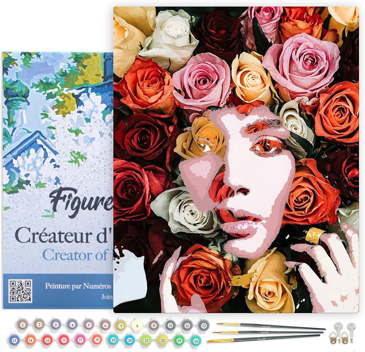 Figured'Art Malen Nach Zahlen Erwachsene Mit Rahmen Rosengesicht - Paint by Numbers Basteln DIY Bast