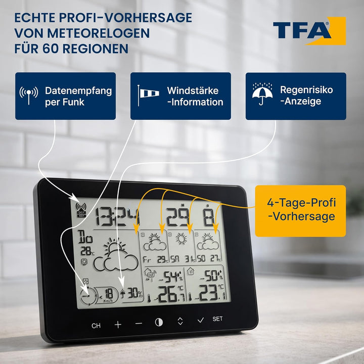 TFA Dostmann Wetter Info Center METEOTIME PRIMO, 35.1156.01, Wetterstation inkl Aussensender, für 90