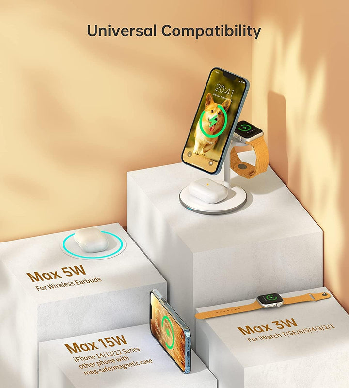 3 in 1 Kabellos Ladestation,Induktive Ladestation,15W Wireless Charger Kompatibel mit Mag Safe Ladeg