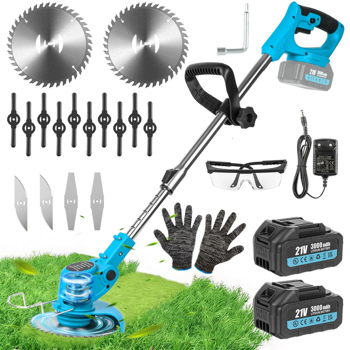 Rasentrimmer mit Akku 21V, Rasentrimmer Elektrisch mit 2X 3.0Ah Akkus und 4 Messertypen, Geräuschpeg