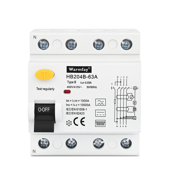 Warmfay FI Fehlerstromschutzschalter RCD Typ B 63A 30mA Allstromsensitiv 4-polig, 63A 30mA