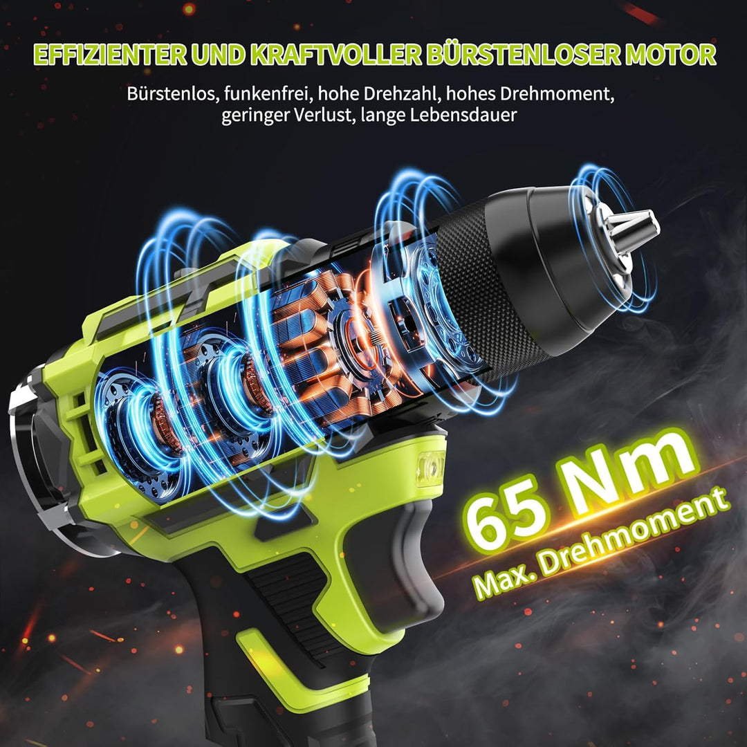 21V Akkuschrauber Set, Bürstenlose Akku bohrhammer mit 2*2000 mAh Akku, 3/8" Bohrfutter, 20+3 Drehmo