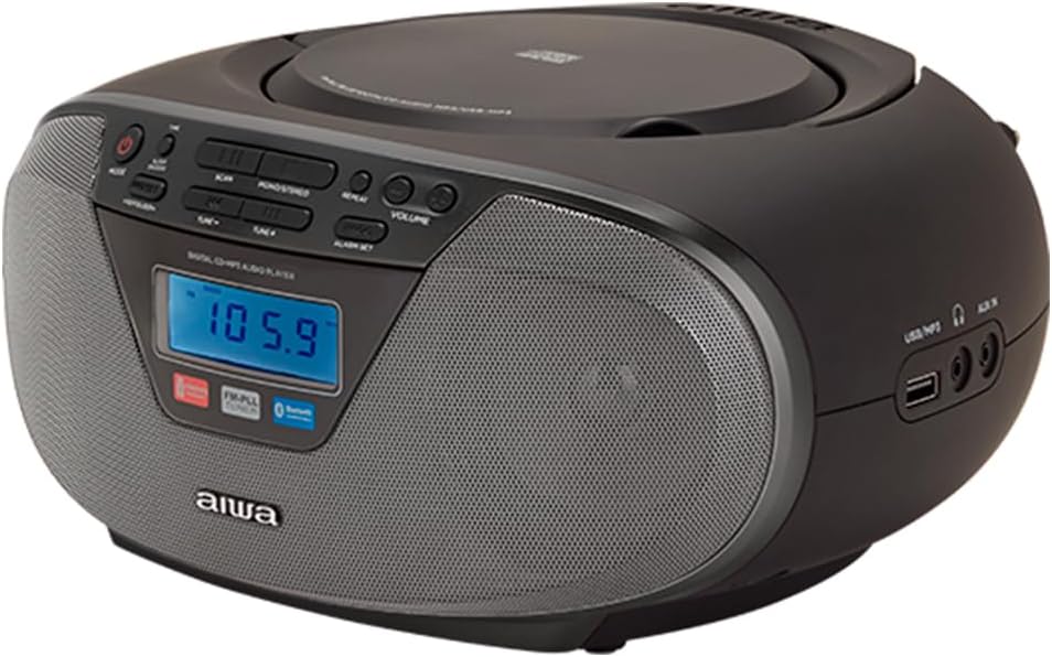 Aiwa BBTU-400BK Tragbares CD-Radio mit Bluetooth und USB, Farbdisplay, RDS, FM PLL, Weckfunktion, Fa