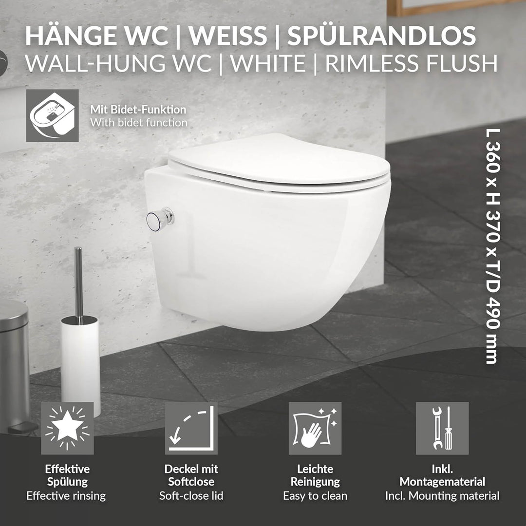 LuxeBath Spülrandloses Wand Hänge Dusch WC Weiss kurz aus Keramik mit Bidet-Funktion, Wand WC mit WC