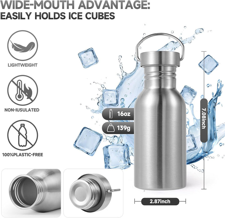 Volhoply 500ml nicht isolierte einwandige Wasserflasche 4 Packung, Edelstahl wiederverwendbare Wasse