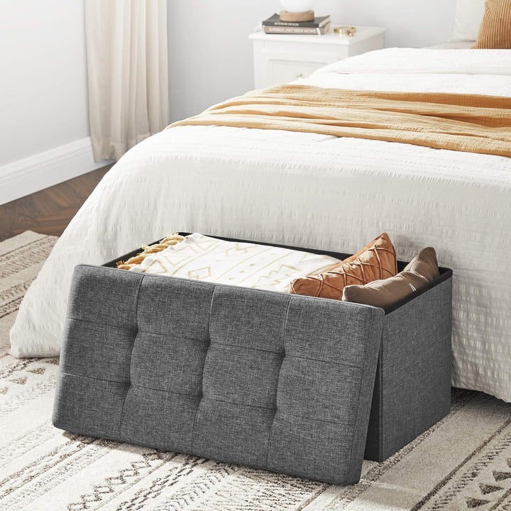 SONGMICS 76 cm Sitzbank mit Stauraum, klappbare Sitztruhe, Aufbewahrungsbox, Fussbank, dunkelgrau LS