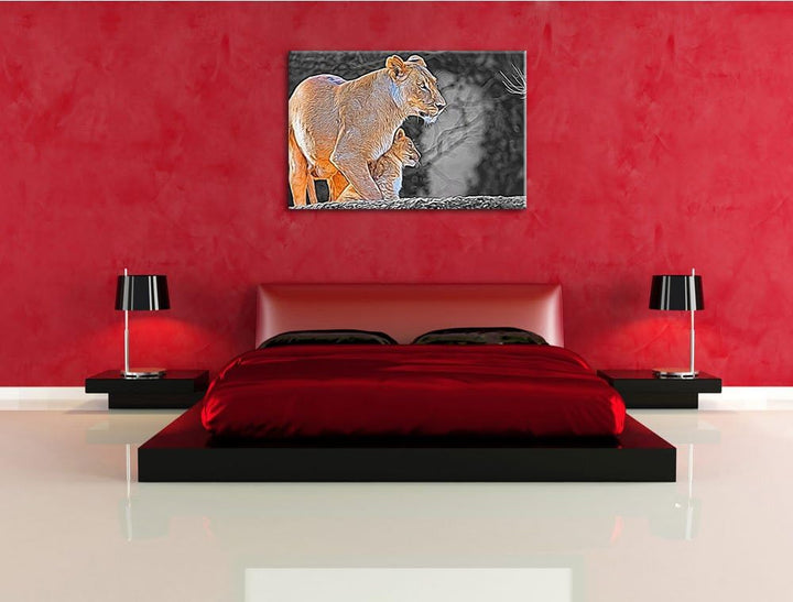 liebevolle Löwenmutter mit Jungtier schwarz/weiss Deluxe Format: 100x70 cm auf Leinwand, XXL riesige