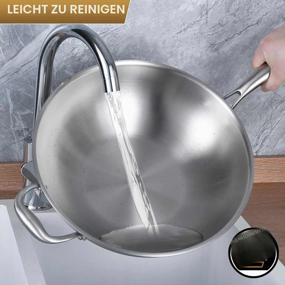 LOLYKITCH 32 cm dreilagige Edelstahl-Wokpfanne mit Deckel, Stri-Bratpfanne, Induktionspfanne, spülma
