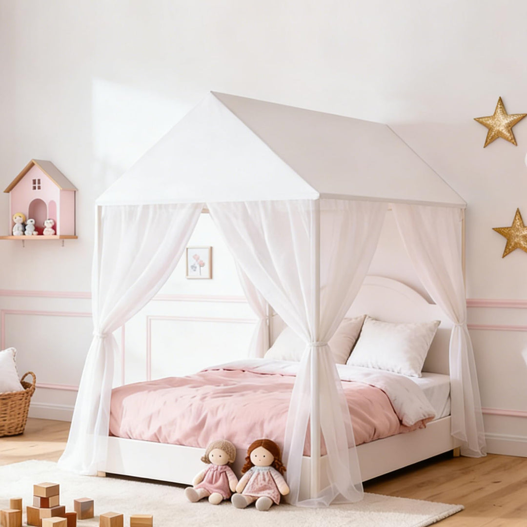 GFCC Prinzessinnen Bettvorhang für Hausbett mit rechteckigem Dach, Weiss Himmelbett Moskitonetz Bald