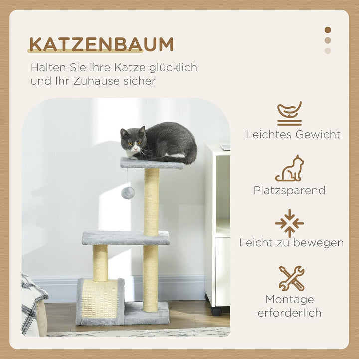 PawHut Kratzbaum 72 cm Katzenturm mit Plüschballen, Sisalstämme, Plattform, Kratzbrett mehrstöckiger