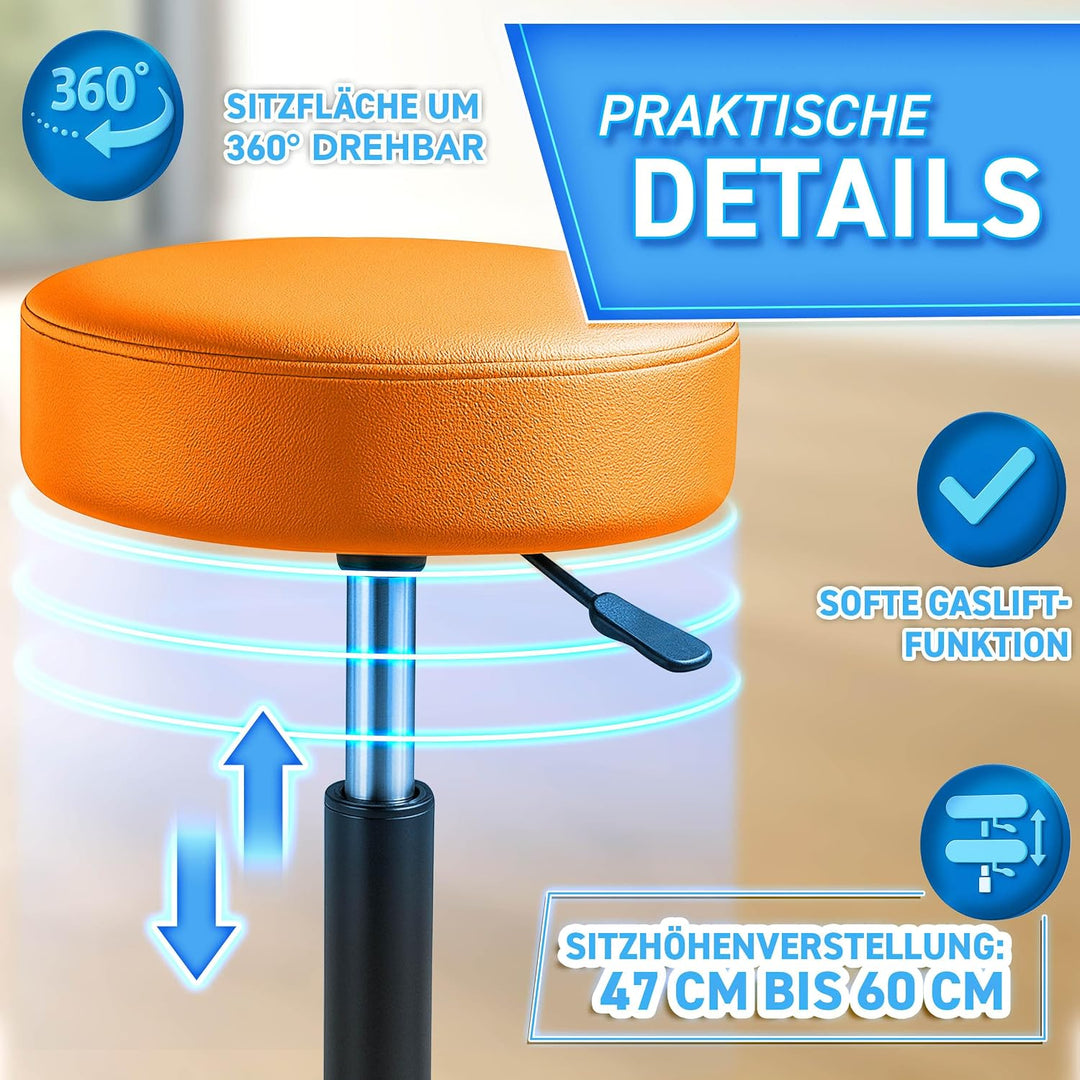 TRESKO® Rollhocker mit Lehne höhenverstellbar 10cm Dicke Polsterung Drehbar | Hocker 46-58cm | Arbei