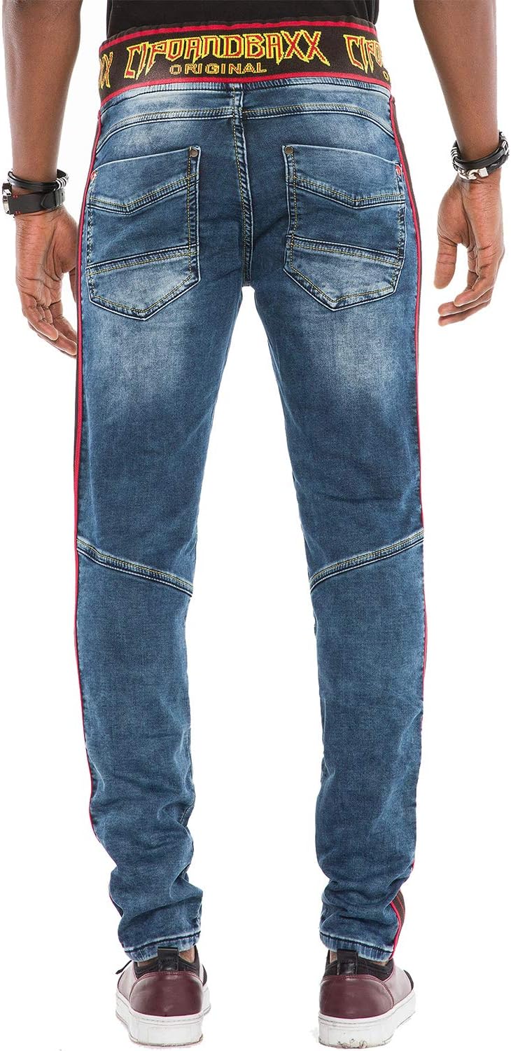 Cipo & Baxx Herren Ausgefallene Jeans Hose Fashion Used Design Pants gestreift mit Gummibund Blau W3