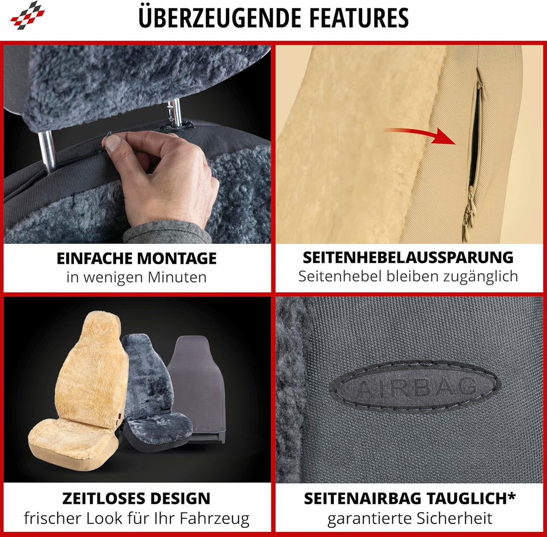 Walser Lammfell Autositzbezug Zoya, 100% Lammfell Sitzbezug für Auto, 1 Stück Lammfell Sitzbezüge Au