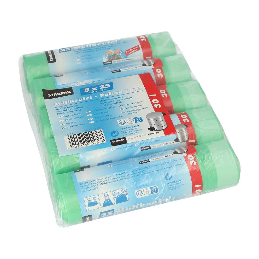 PAPSTAR 1 Karton = 5x125 Müllbeutel zum Zuziehen, HDPE 30 l 62 cm x 55 cm grün 12436